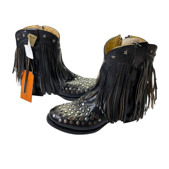 Stetson Womens Size 6.5 Lila Black Leather Handmade Fringe Studded Boots NWT